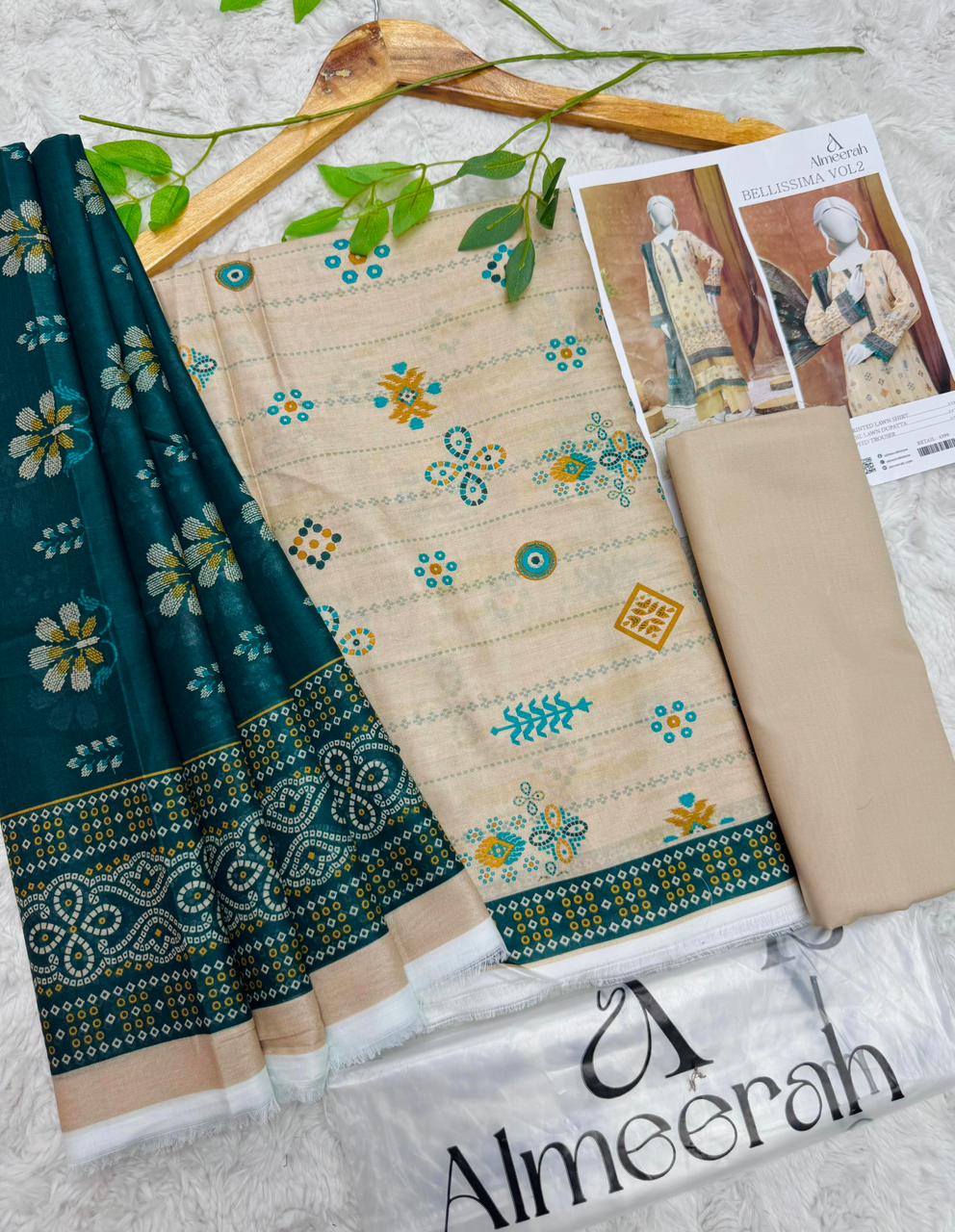 Almeera Bellissima Vol 2 unstitched printed lawn 3 piece suit in beige and sea green with printed dupatta and dyed trouser available at Aladeen Fabrics