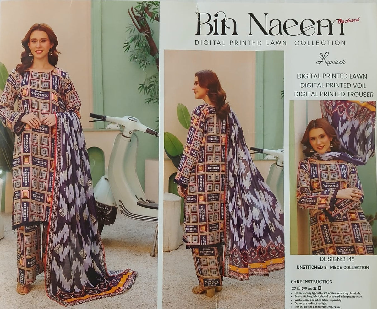 Dark Blue Floral Digital Printed Lawn 3 Piece Suit with Voil Dupatta – Summer Collection | Aladeen Fabrics