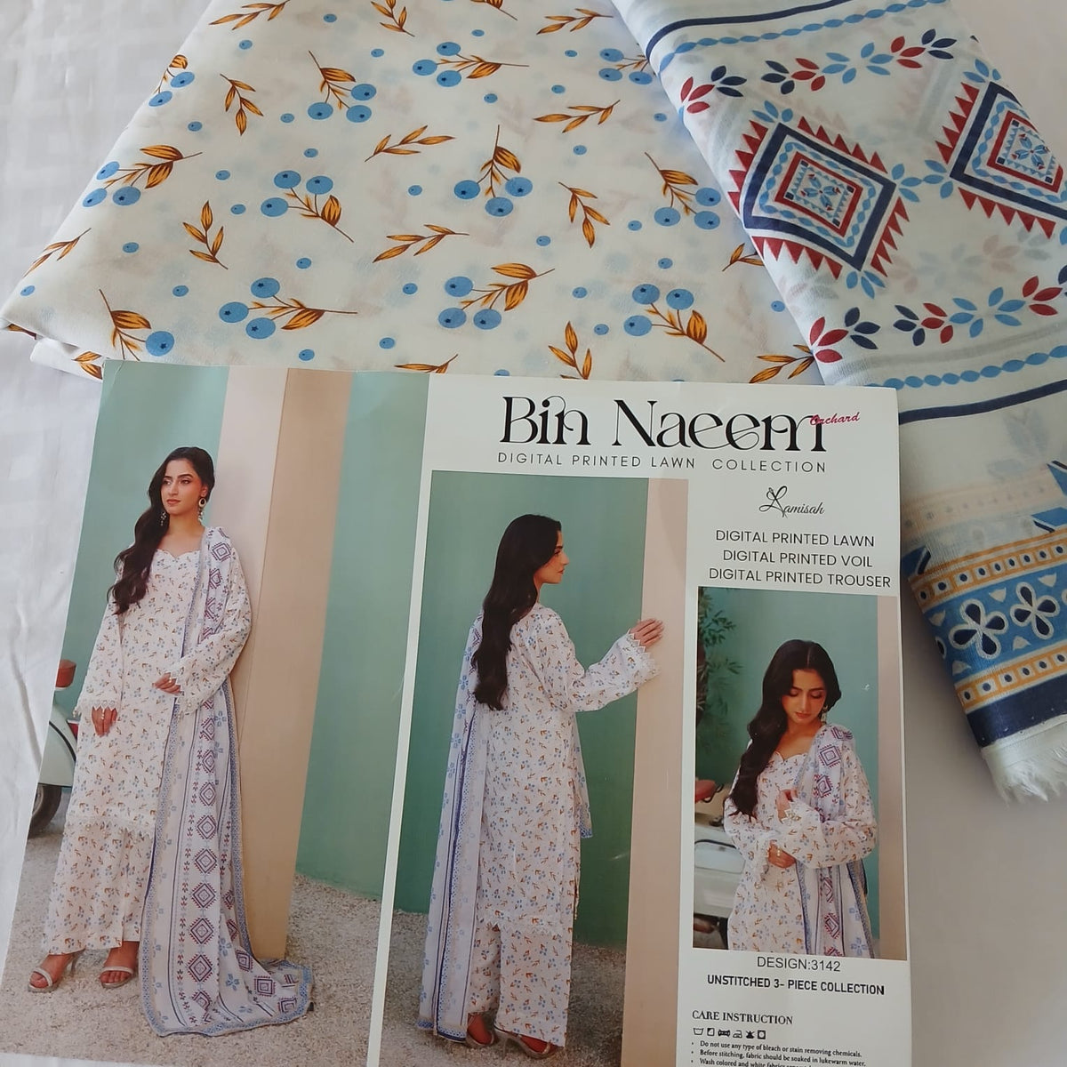 Bin Naeem Digital All Over Printed Lawn 3 Piece Suit – Unstitched Summer Collection with Voil Dupatta & Trouser
