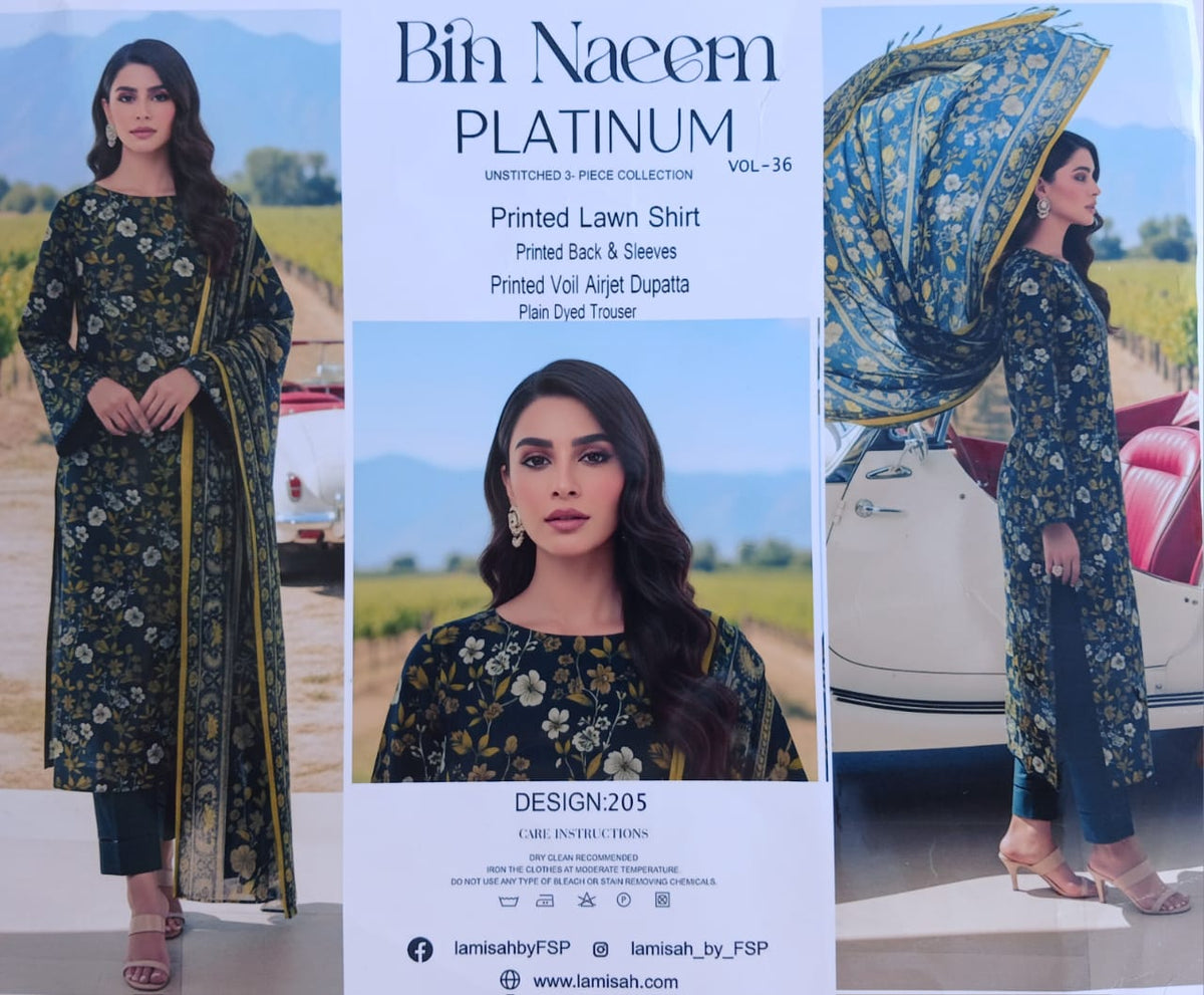 Bin Naeem Platinum Unstitched 3-Piece Collection – Deep Green & Olive Green Elegant Lawn Suit