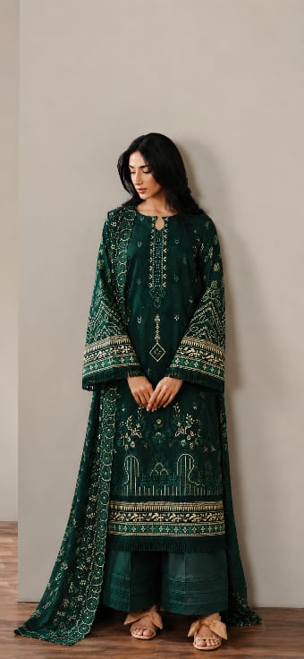 Royal Bottle Green Embroidered Lawn 3 Piece Suit for Women – Sequence Work Summer Dress | Aladeen Fabrics