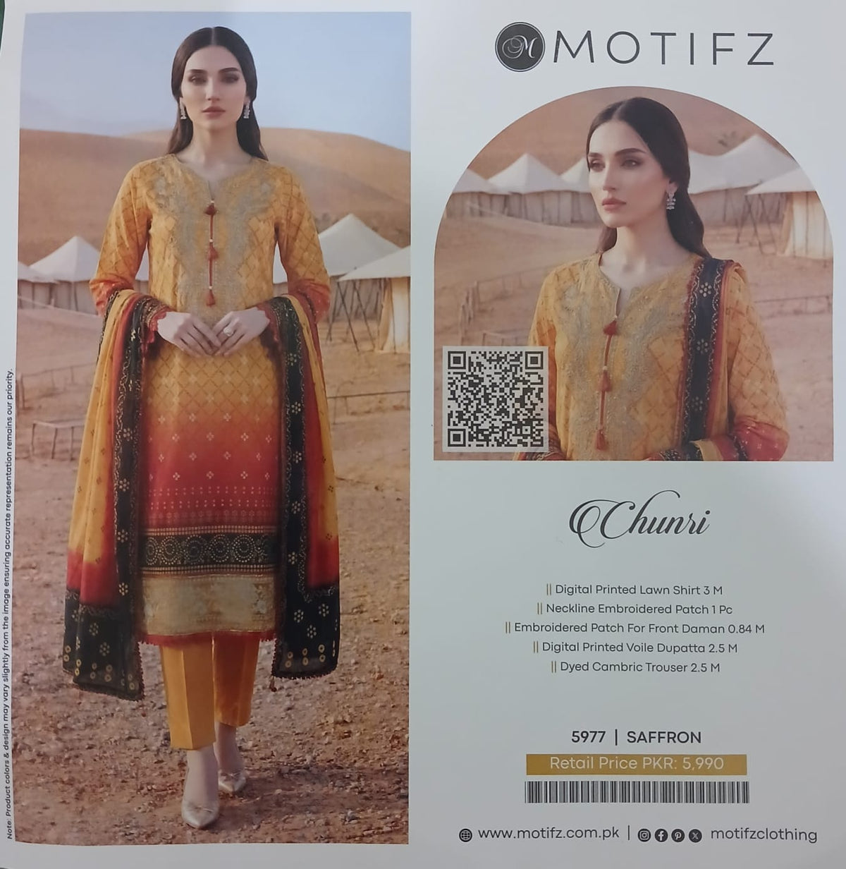 Motifz Chunri Digital Printed Lawn Suit – 3 Piece with Embroidered Neck & Daman Patch