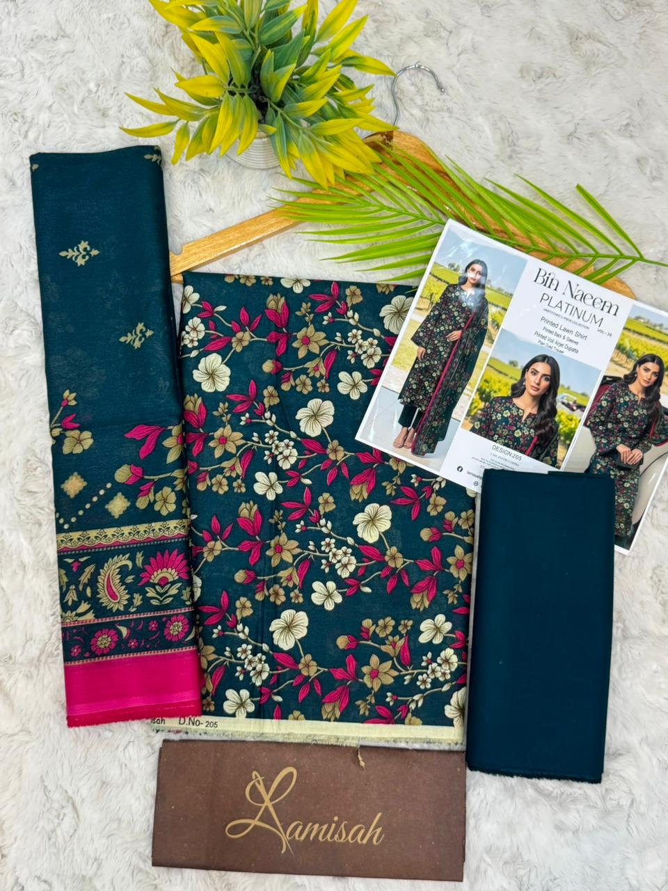 Dark teal green 3 piece lawn suit with floral printed shirt and dupatta