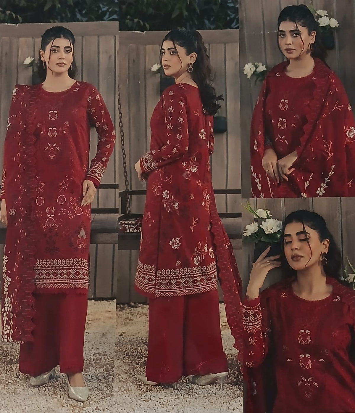 Complete red 3 piece embroidered lawn suit for women
