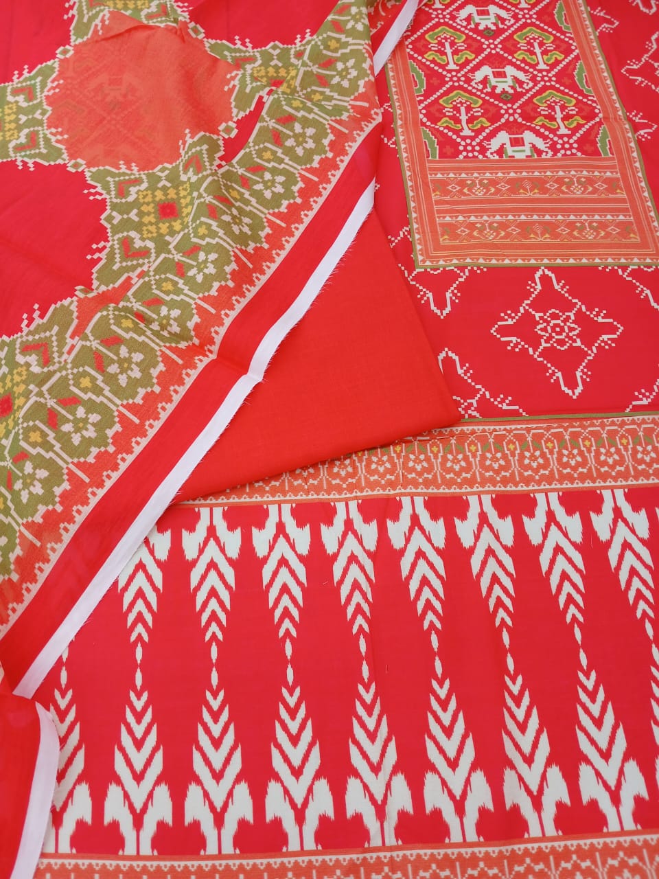 GulAhmed 3-Piece Red, Orange & Olive Green Printed Summer Lawn Suit with Lawn Dupatta | Aladeen Fabrics