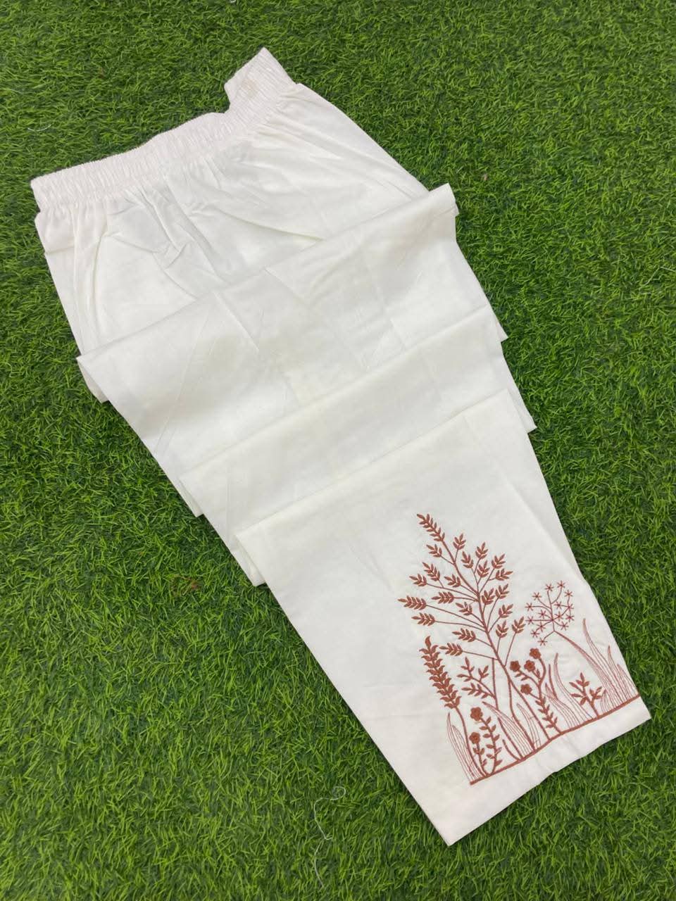 White Cotton Embroidered Trouser for Women | Aladeen Fabrics