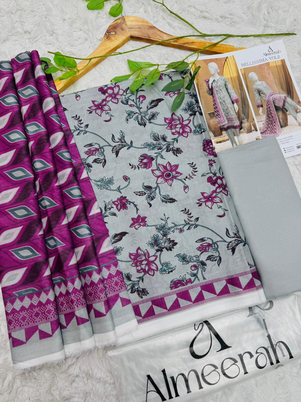 Grey and magenta floral printed lawn suit with geometric dupatta by Almeerah Bellissima Vol 2