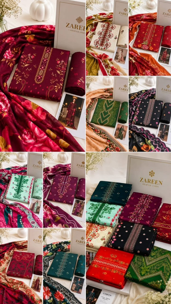 Zareen Linen 3-Piece Printed Suit – 10 Designs | Aladeen Fabrics