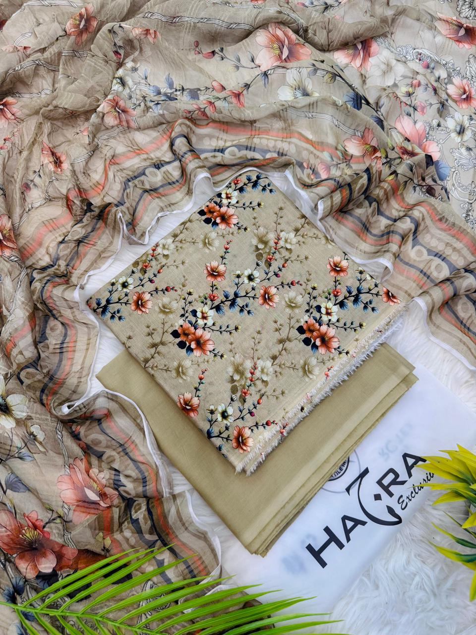 Aladeen Fabrics Hajra Exclusive beige floral printed lawn suit with digital Bamber chiffon dupatta and plain trouser