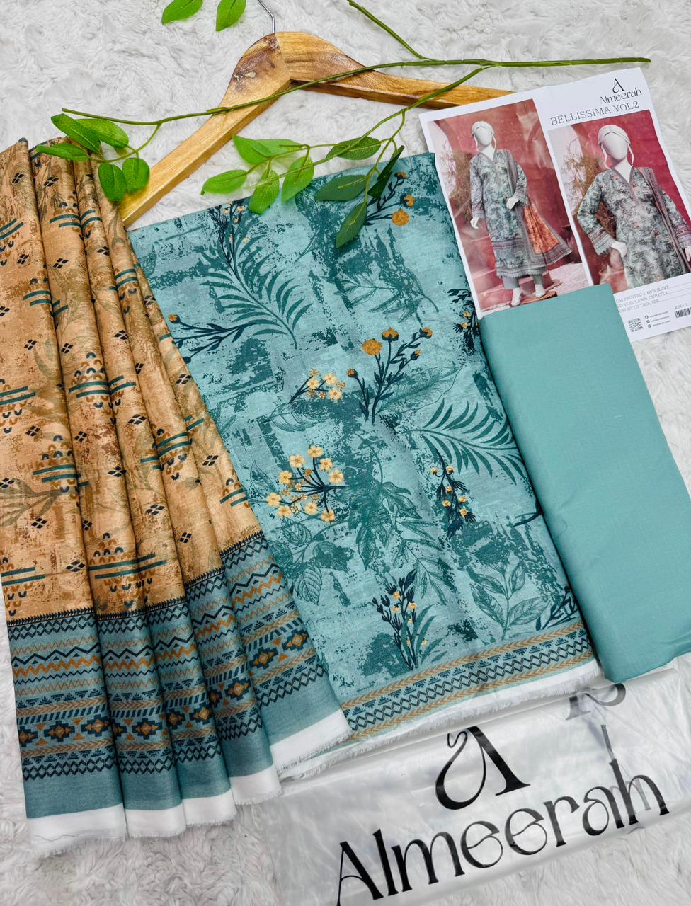 Printed dupatta design of Almeera sea green and beige lawn suit