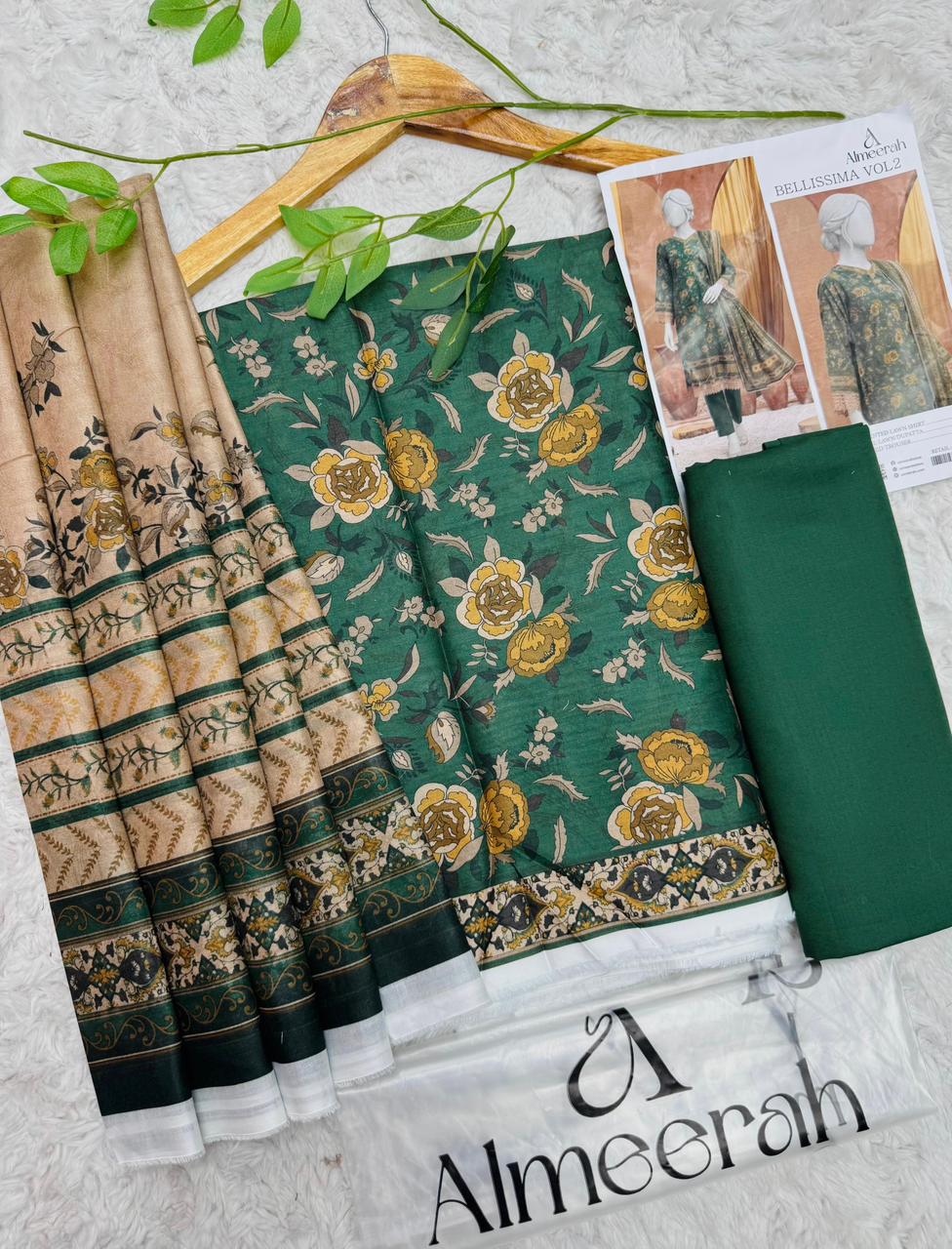 Almeera lawn 3 piece suit in meadow green and beige floral print front design