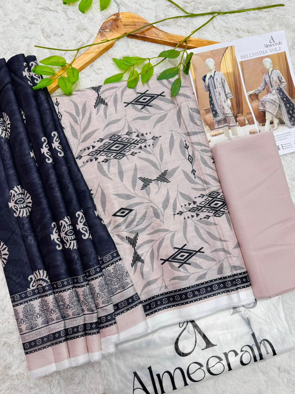Almeerah Bellissima Vol 2 lawn 3 piece suit in dusty pink and navy blue