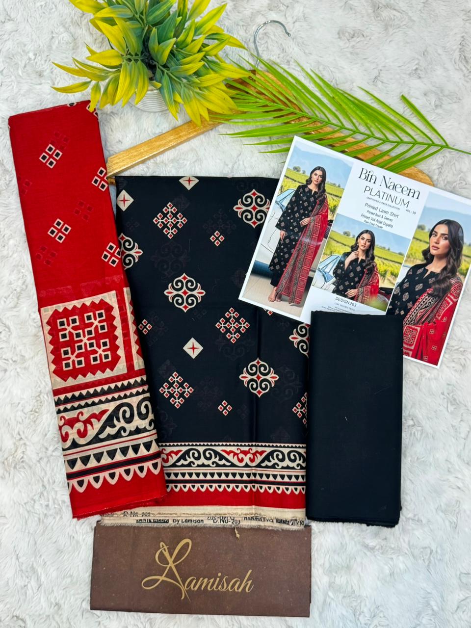 Bin Naeem Platinum black and red printed lawn suit for women with printed dupatta and dyed trouser