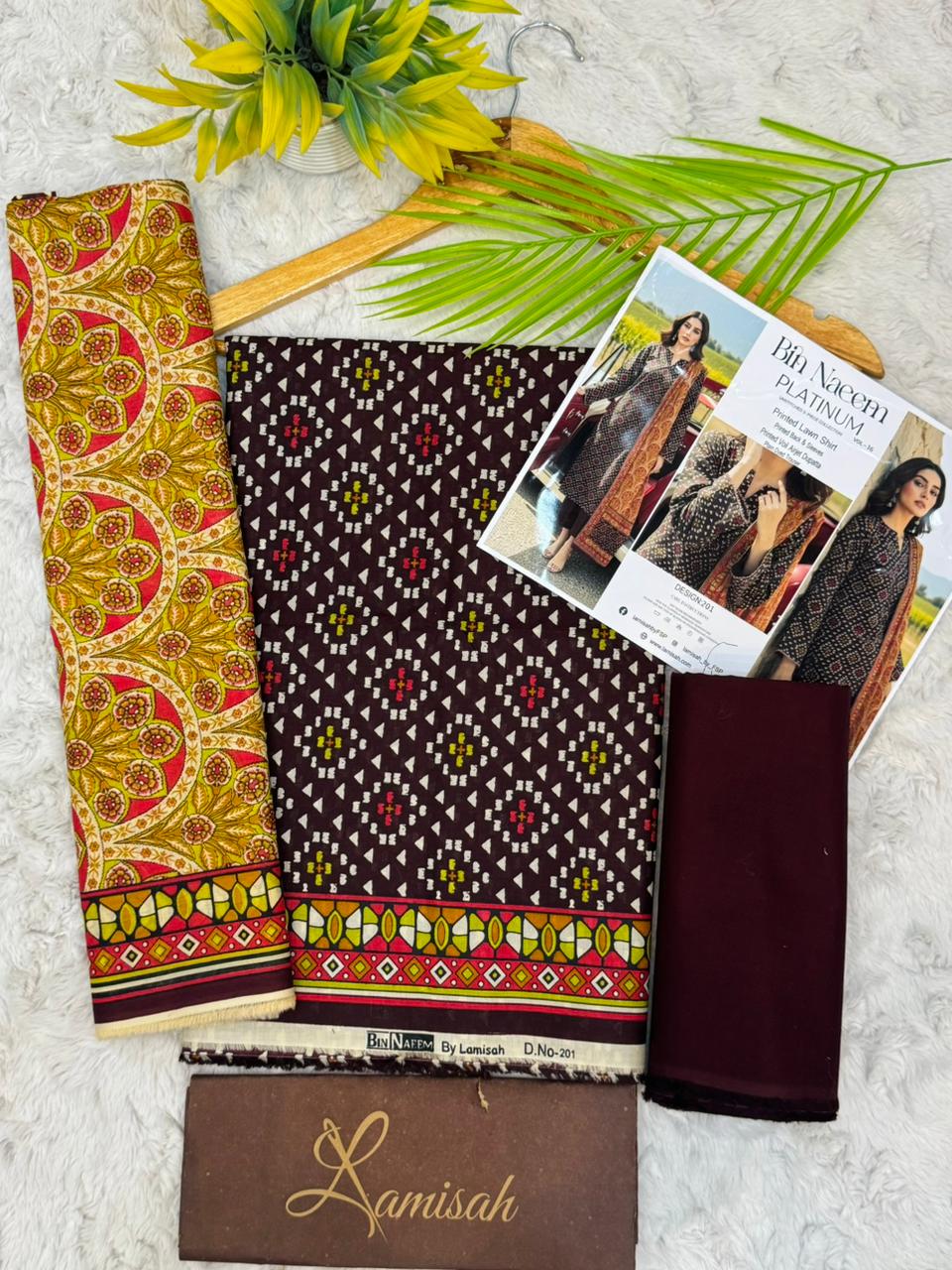 Bin Naeem Platinum maroon and dull green floral printed lawn suit with pink and red flowers for women