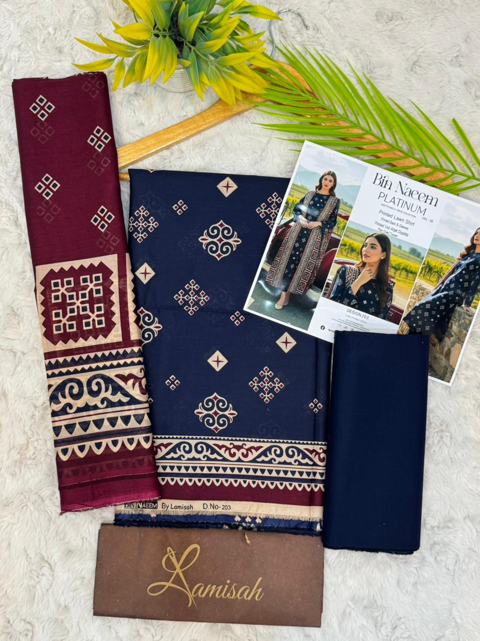 Bin Naeem Platinum navy blue and maroon printed lawn suit for women with printed dupatta and dyed trouser
