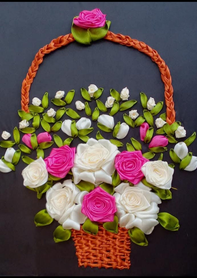 Hand embroidered ribbon work floral basket wall hanging