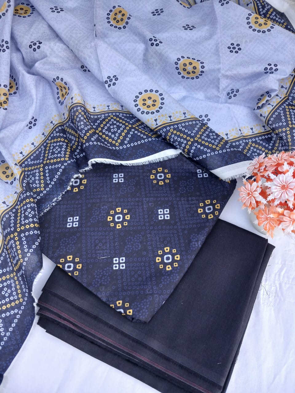 Aladeen Fabrics | Almeera Bellissima Vol 2 Printed Lawn 3 Piece Suit for Women – Navy Blue & Lavender Summer Dress