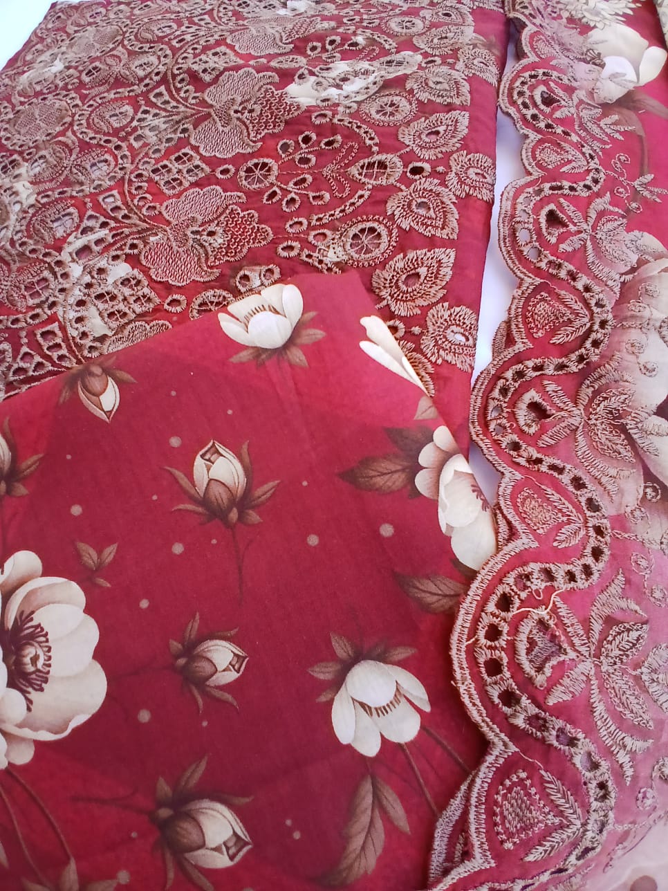 Burgundy lawn suit with full front embroidery and cutwork detailing premium summer outfit design