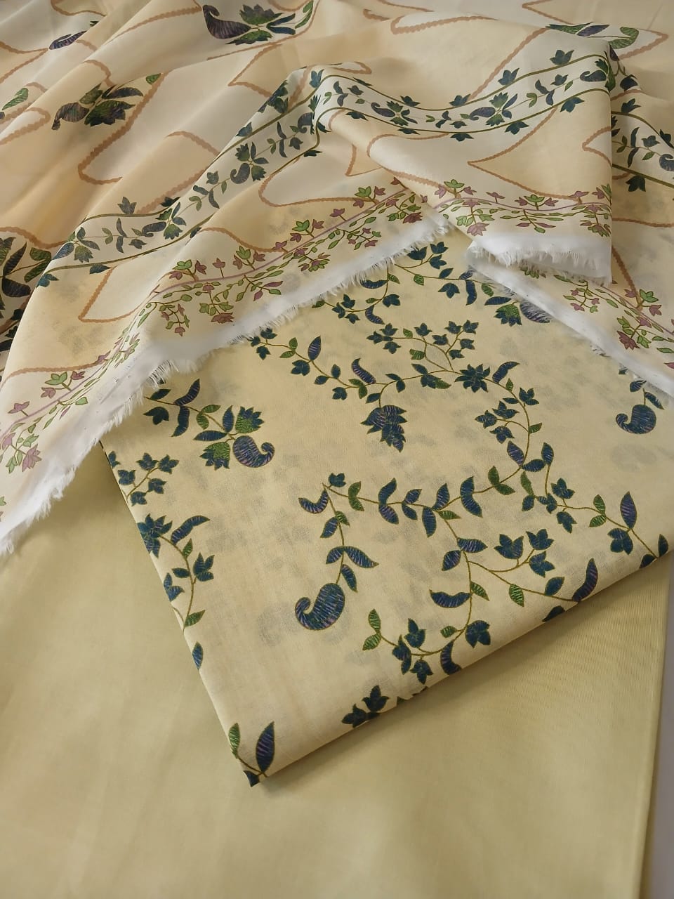cream printed lawn suit full dress with floral dupatta and trouser