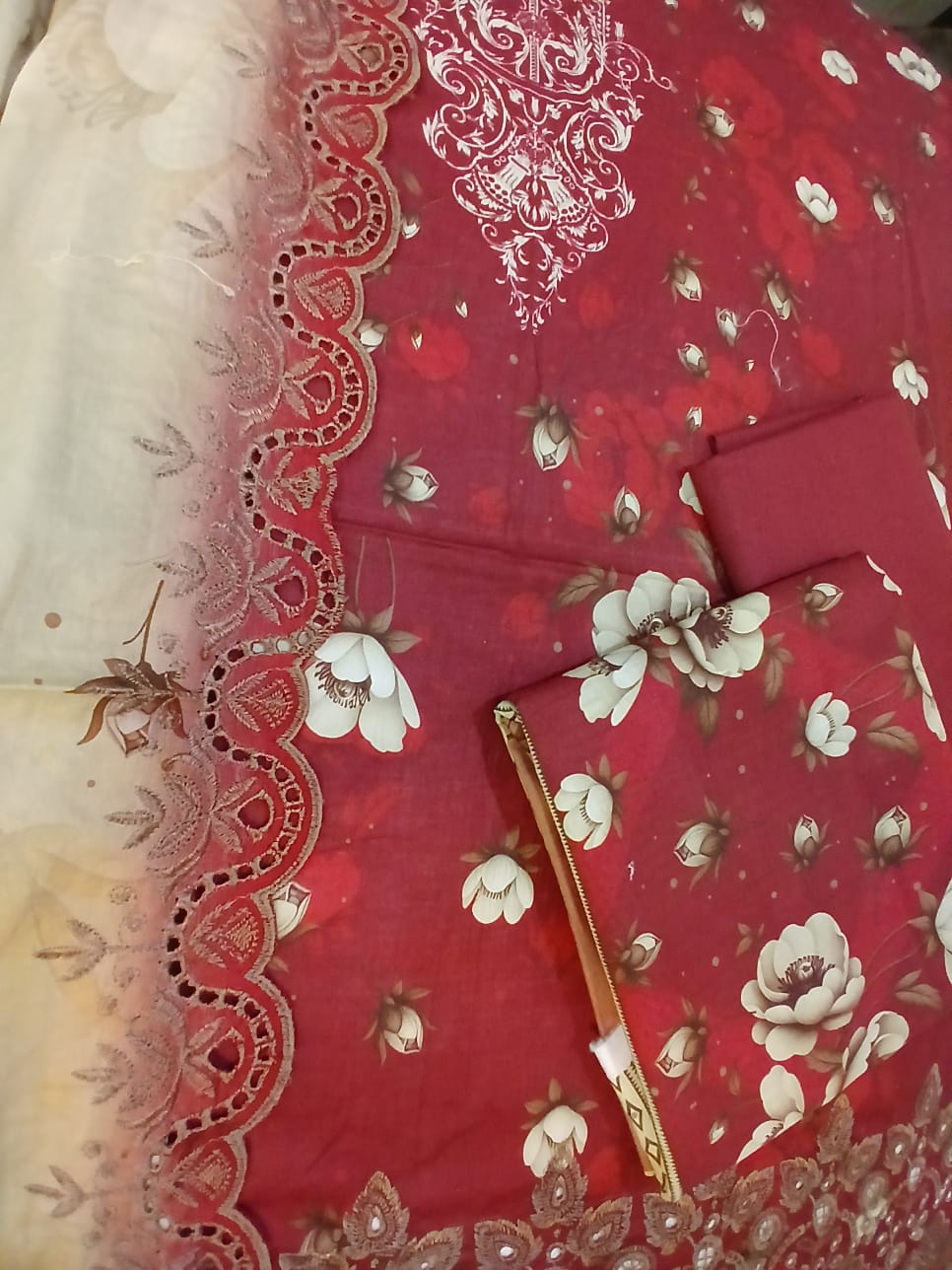 Lightweight lawn dupatta with digital floral print in burgundy tones elegant summer wear