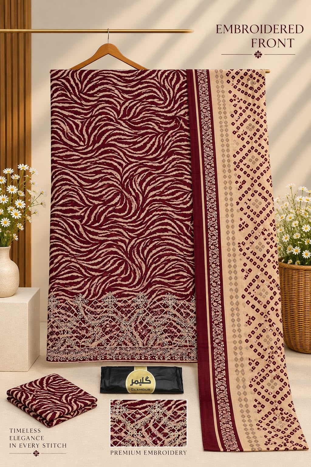 Glamour Embroidered Khaddar 3 Piece Winter Suit – Aladeen Fabrics