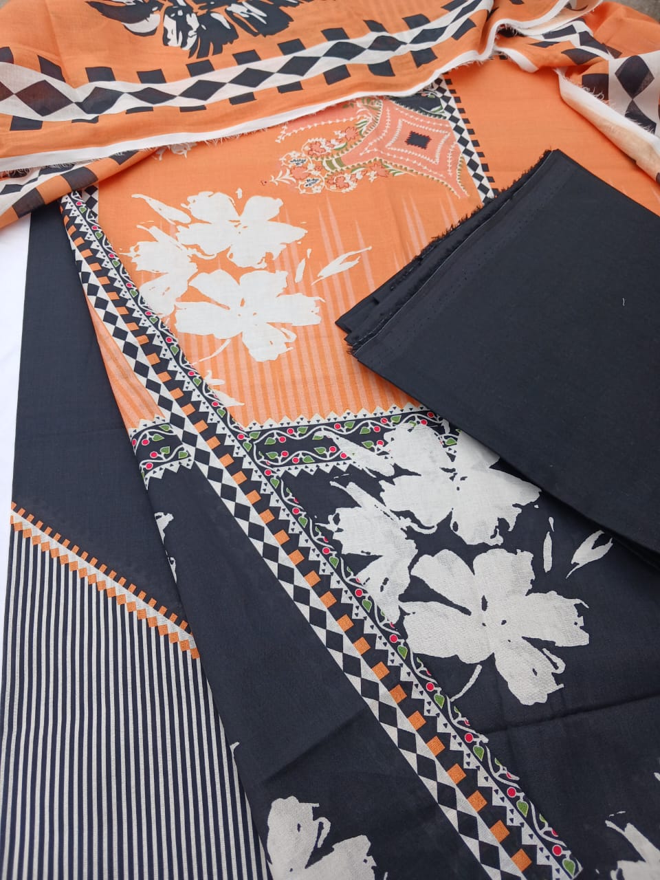 GulAhmed 3-Piece Orange, Black & White Printed Summer Lawn Suit with Lawn Dupatta | Aladeen Fabrics