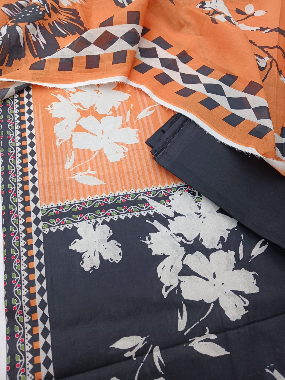 GulAhmed 3-Piece Orange, Black & White Printed Summer Lawn Suit with Lawn Dupatta | Aladeen Fabrics