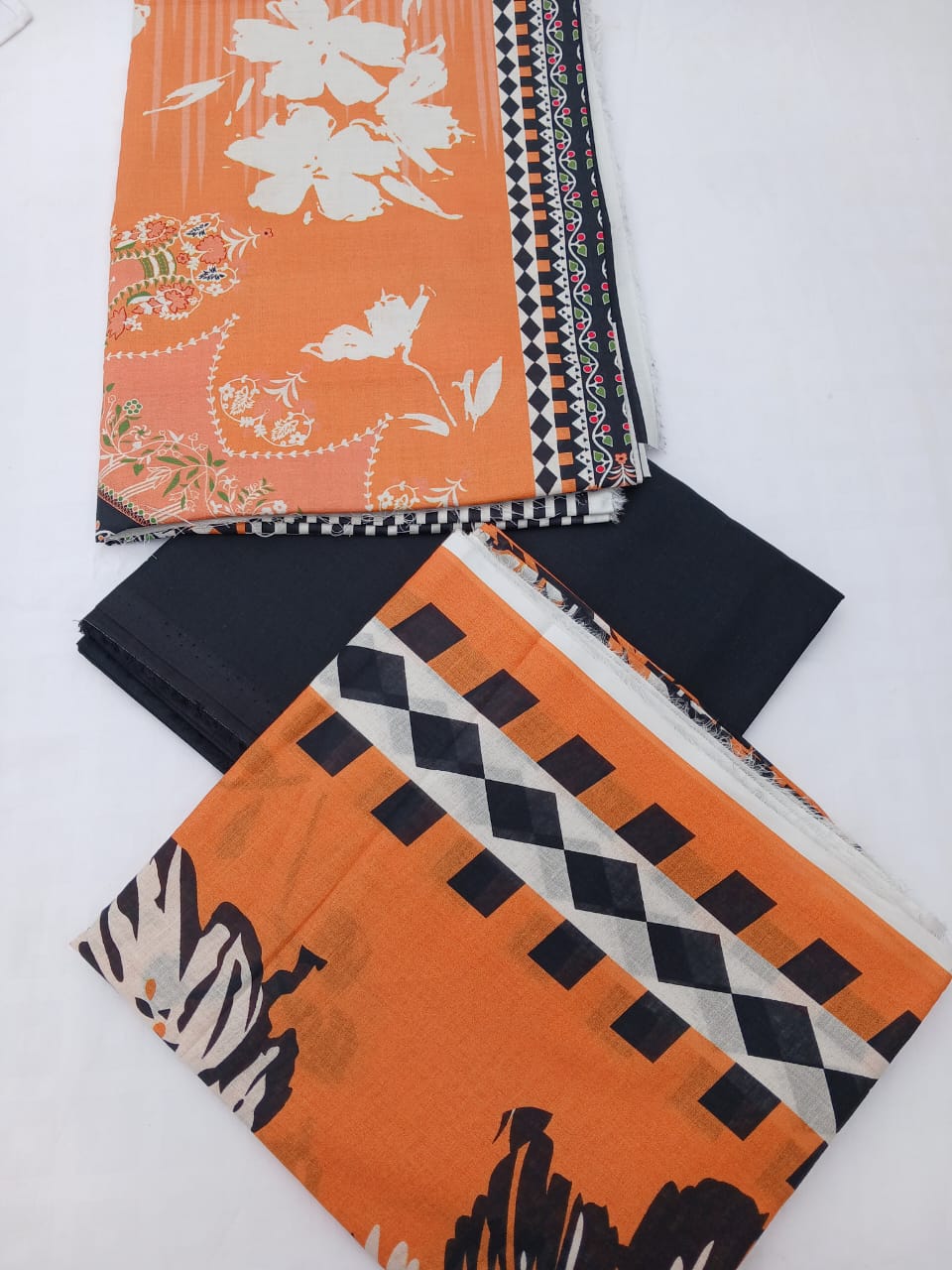 GulAhmed 3-Piece Orange, Black & White Printed Summer Lawn Suit with Lawn Dupatta | Aladeen Fabrics
