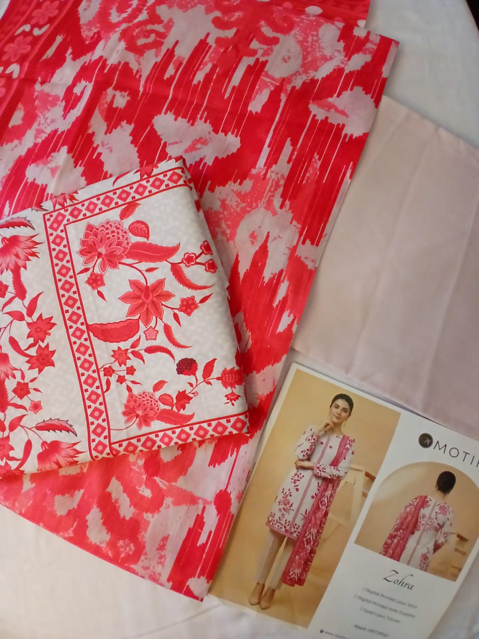 Motifz Zohra 3 Piece Lawn Printed Suit – Pink & White Floral Summer Dress | Unstitched Lawn Suit Pakistan | Aladeen Fabrics