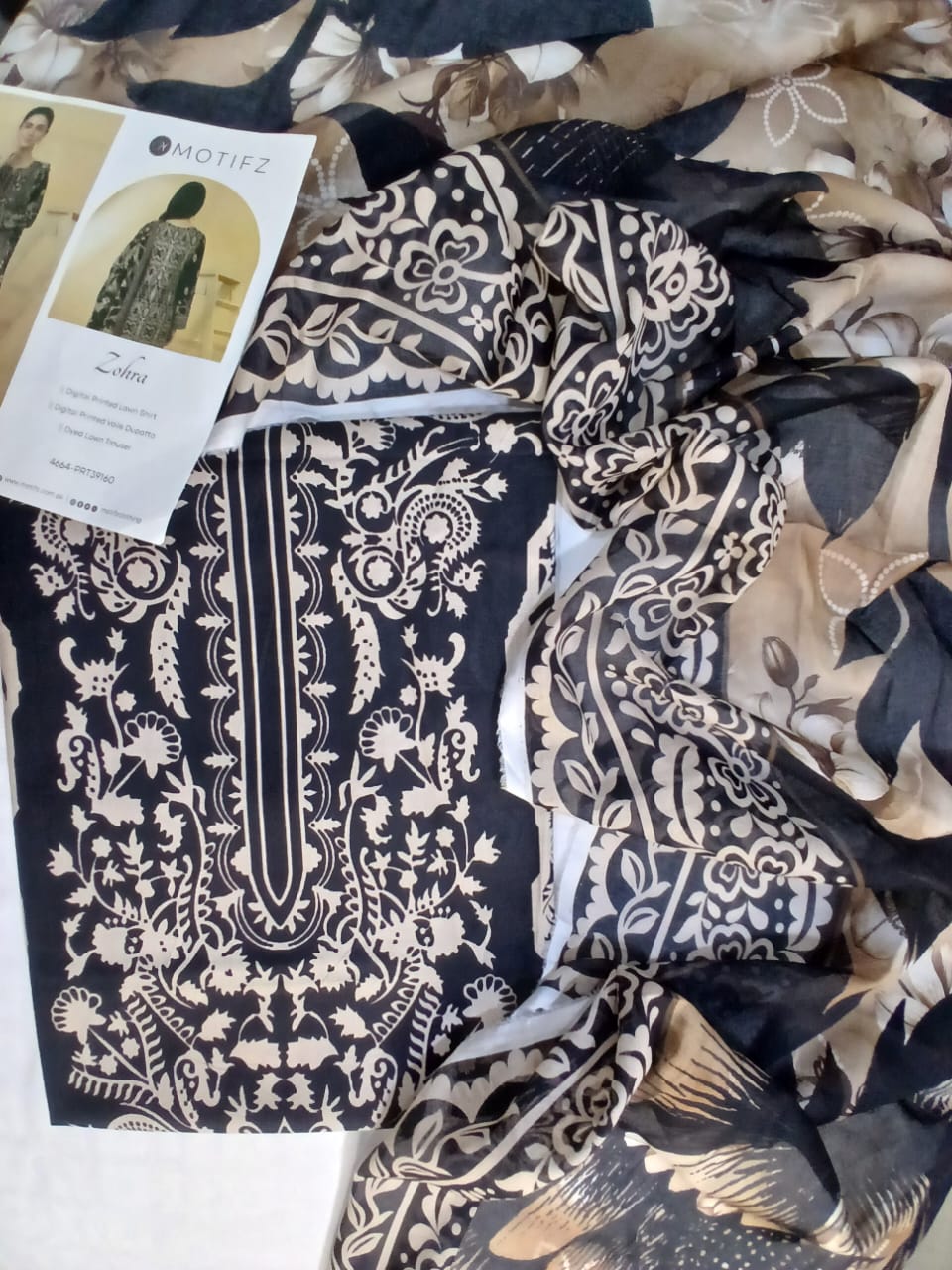Black and beige digital print lawn unstitched suit front view Motifz Zohra