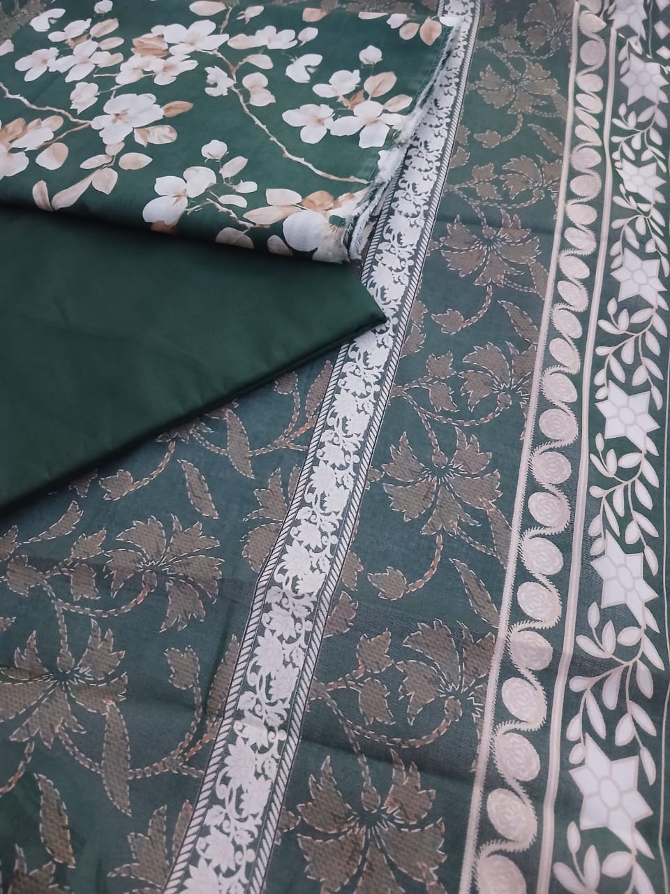 Dark Emerald Green Floral Lawn 3 Piece Unstitched Suit with Lawn Dupatta – Aladeen Fabrics