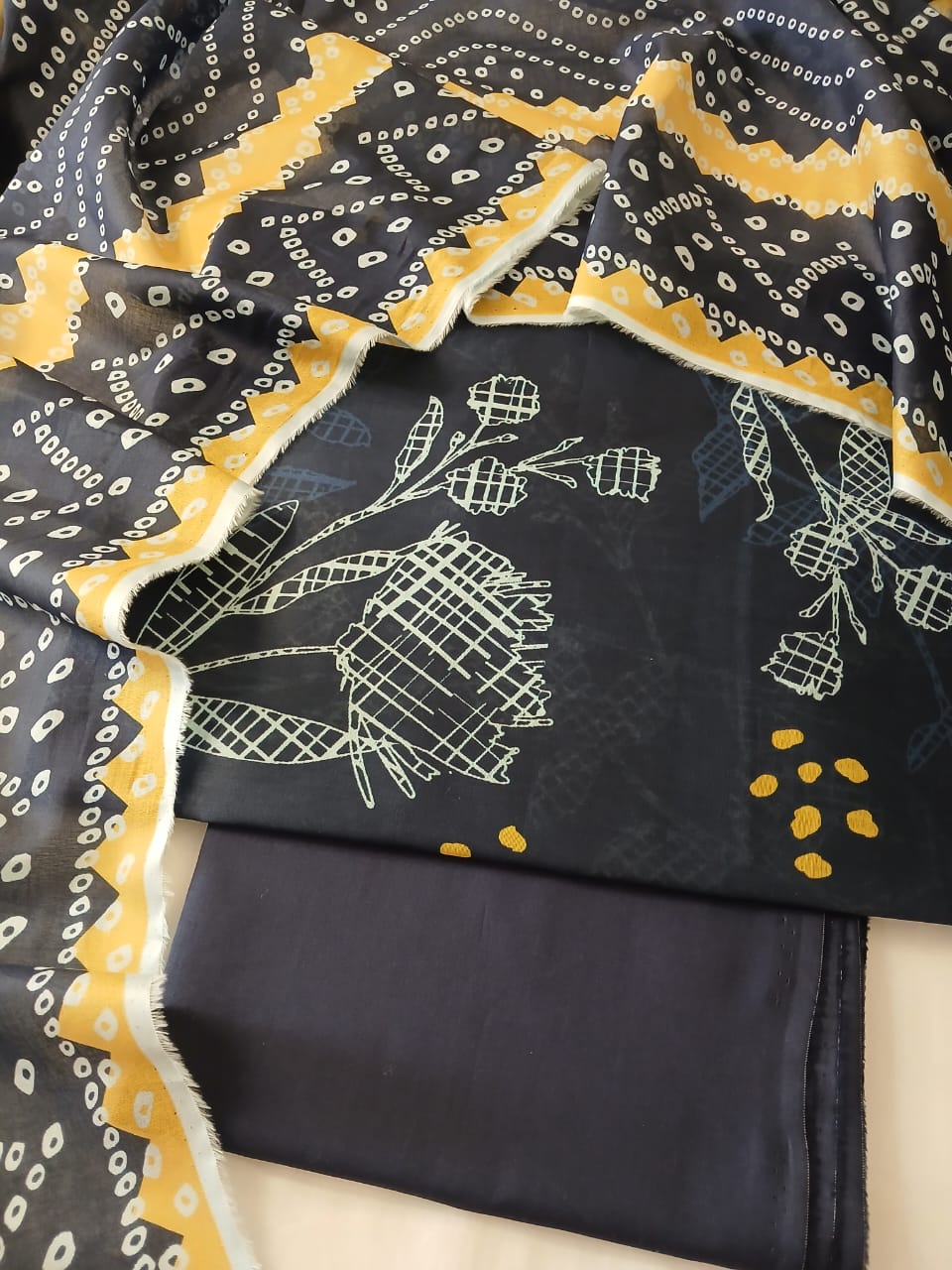navy blue printed lawn suit full dress with ikat dupatta and trouser