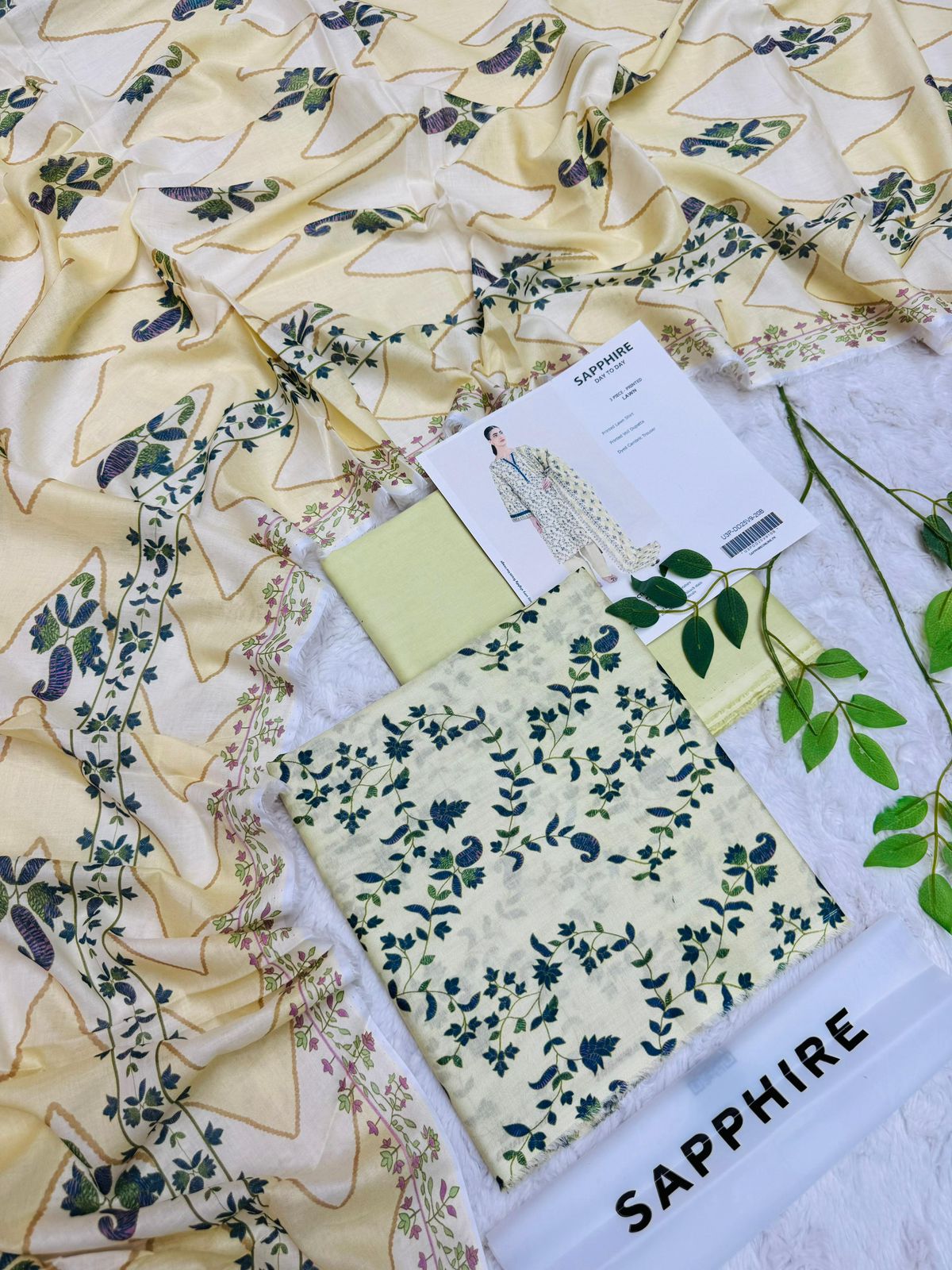 sapphire cream floral lawn suit 3 piece blue green print front view