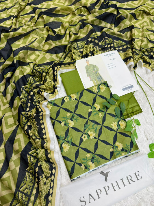 sapphire green printed lawn suit 3 piece front view summer collection