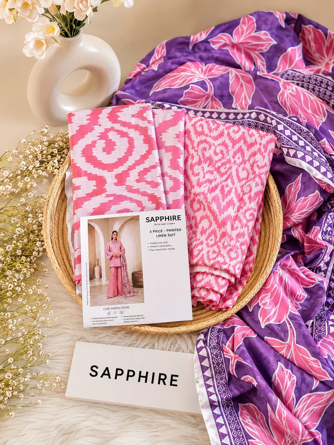 Sapphire Printed Linen 3-Piece Winter Suit 2026 | Aladeen Fabrics
