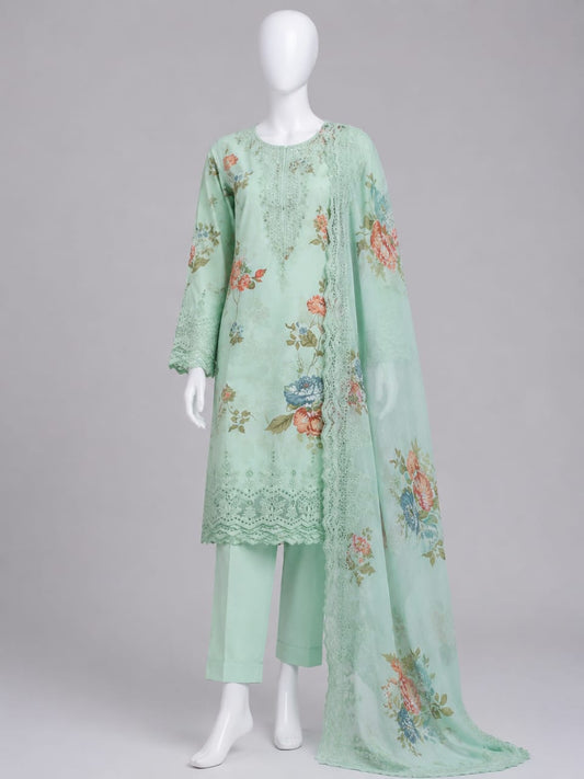 Pastel Green Embroidered Lawn Suit with Digital Printed Dupatta & Cambric Trousers – Premium Summer Collection 2026 | Aladeen Fabrics