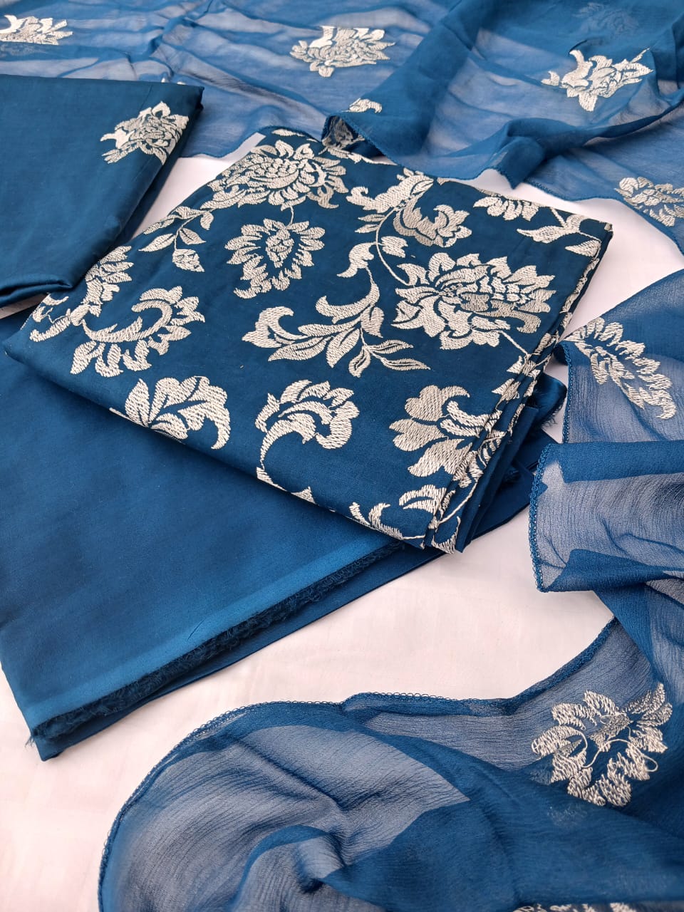 Bareeze inspired blue lawn dress with embroidered bember chiffon dupatta
