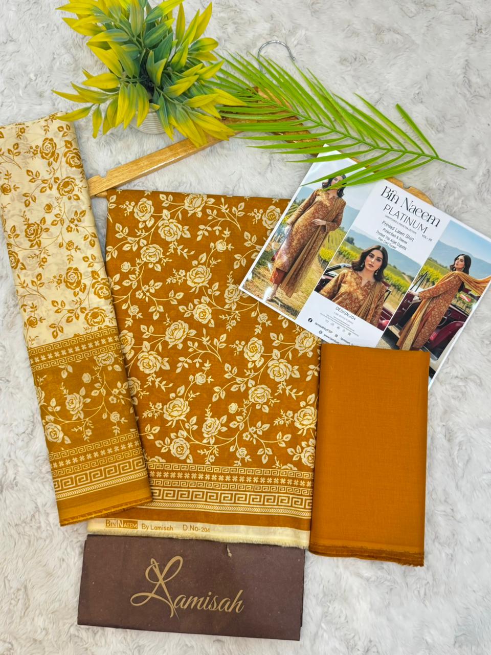 Beige and mustard 3 piece printed lawn suit front design with voile dupatta