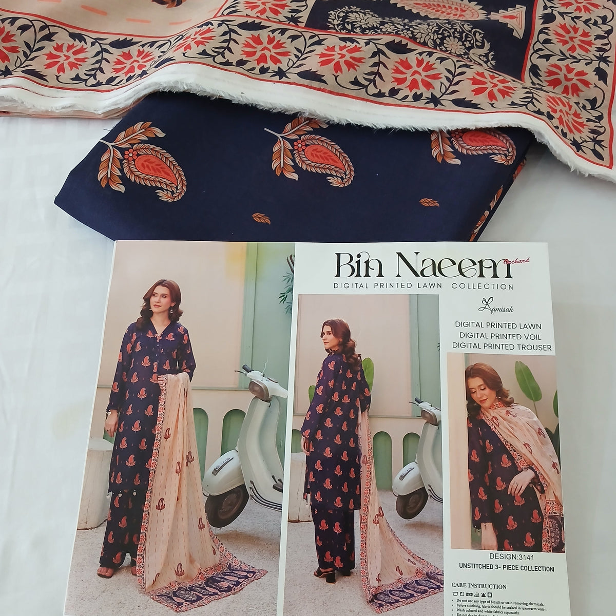 Printed lawn suit design and stitching detail view
