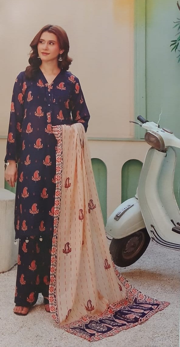 Premium lawn 3 piece printed suit front view for women summer wear