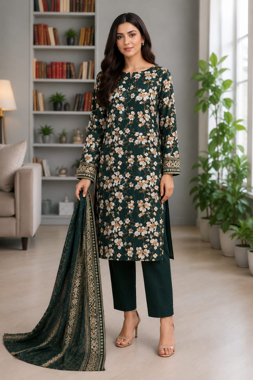 Dark Emerald Green Floral Lawn 3 Piece Unstitched Suit with Lawn Dupatta – Aladeen Fabrics