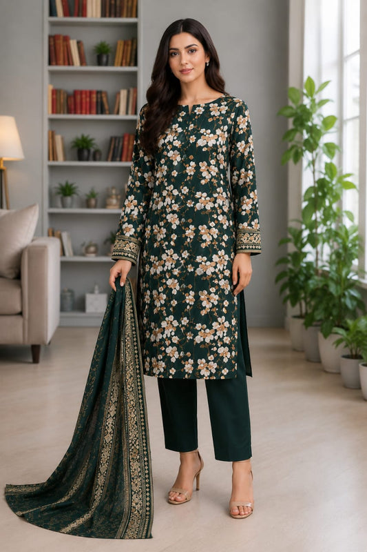 Dark Emerald Green Floral Lawn 3 Piece Unstitched Suit with Lawn Dupatta – Aladeen Fabrics